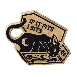 Cute Celestial Black Cat Gold Coffin If It Fits, I Sits Goth Enamel Pin Brooch